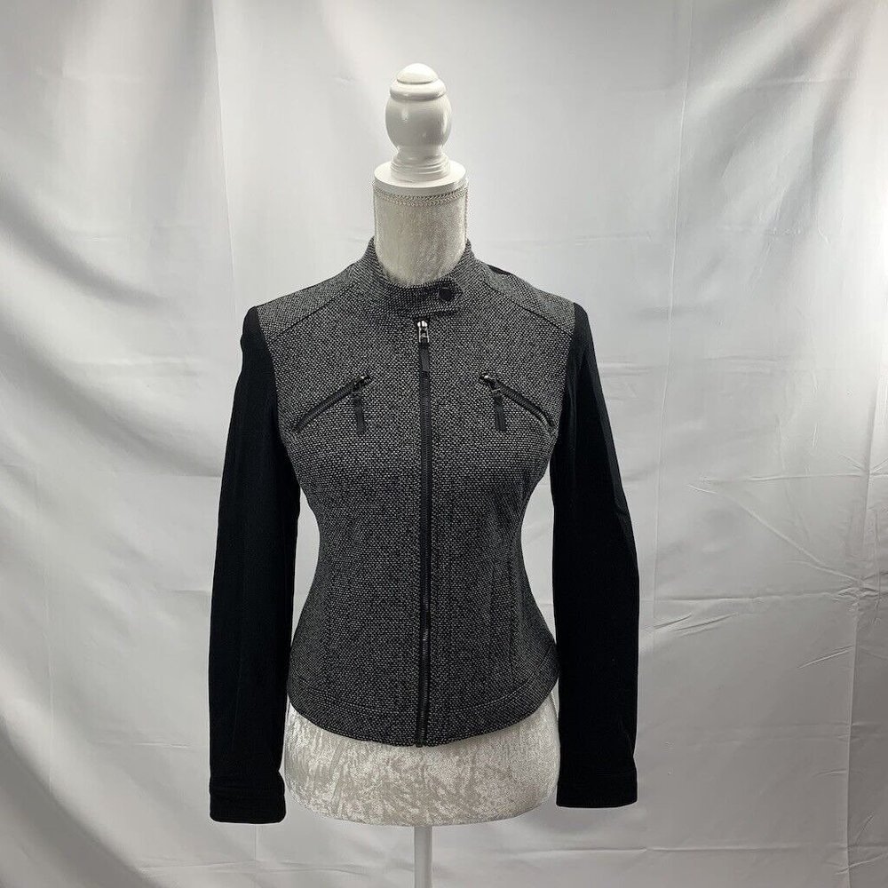 Alfani Women's Jacket Mixed Media Tweed Jersey Knit Motorcycle Full Zip Size 2